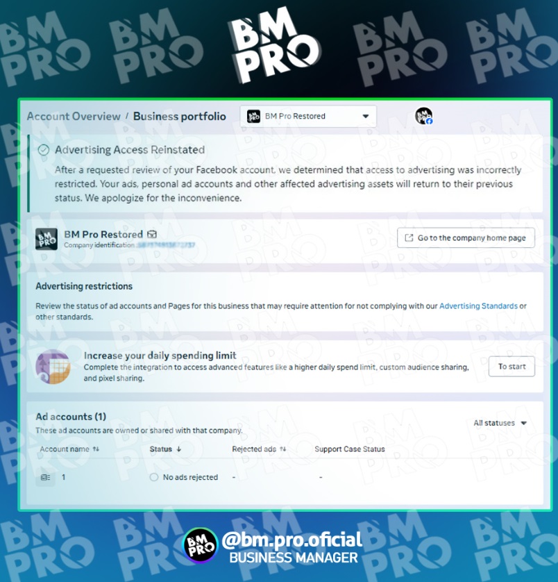 BM Pro | Business Manager restaurado e reativado para anúncios BM Pro – Business Manager restaurado e pronto para anúncios no Facebook Ads